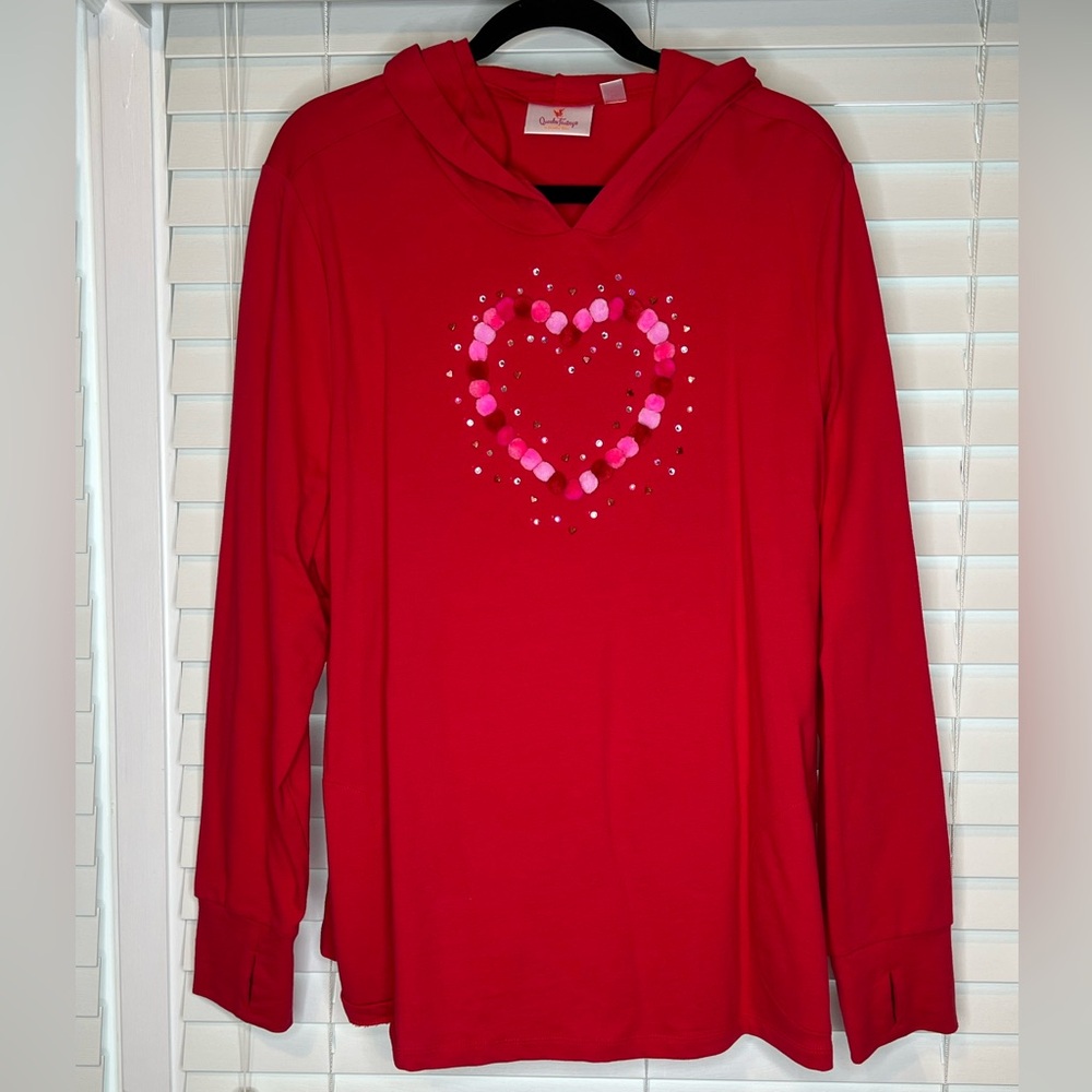 Quacker Factory Valentines French Terry hoodie w/thumbholes & embellished heart